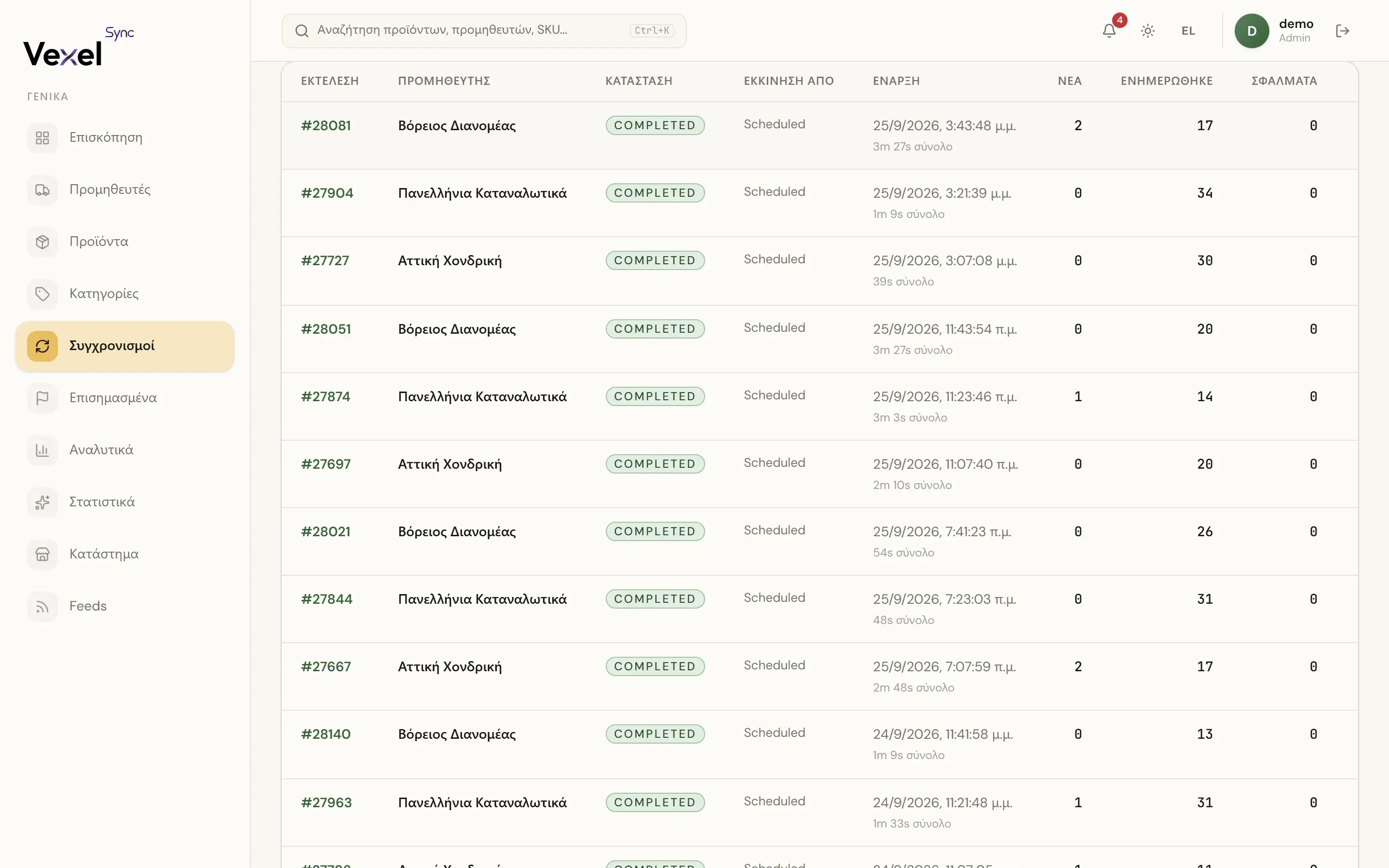 The list of sync runs per supplier, with status and timing